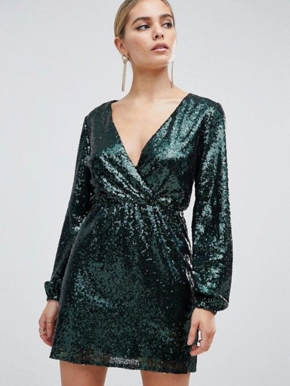 Sz 8 Sequin Faux Wrap Front Long Sleeve Skater Dress In Emerald Green Cocktail V